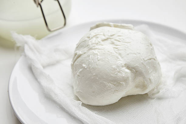istock Close up fresh buffalo mozzarella in front jar with brine 497122790