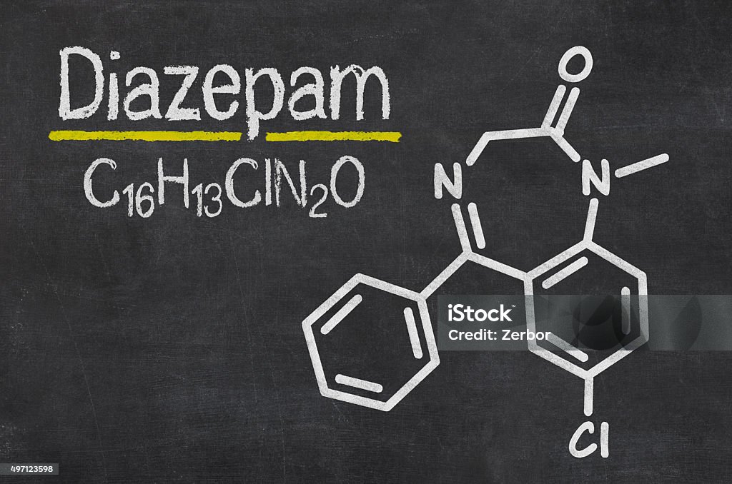 Blackboard with the chemical formula of Diazepam Benzodiazepine Stock Photo