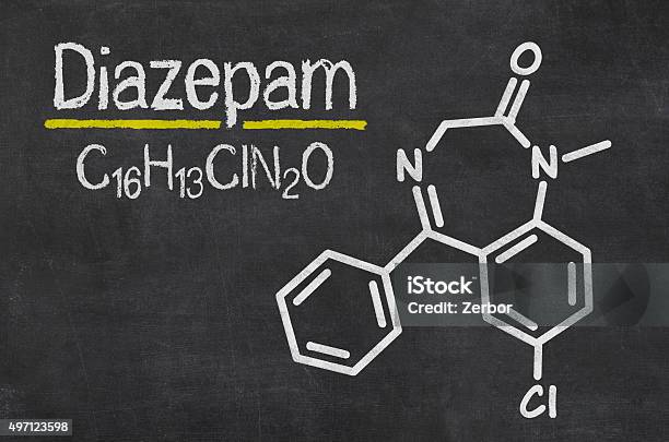 Blackboard With The Chemical Formula Of Diazepam Stock Photo - Download Image Now - Benzodiazepine, 2015, Abstract