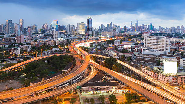 istock Aerial view of city highway interchange long exposure 497123718