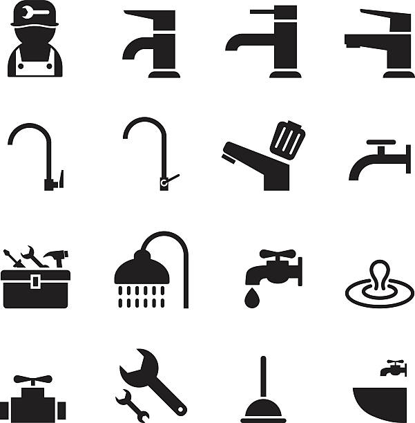 installation & icons set-tools - valve water pipe leaking faucet stock-grafiken, -clipart, -cartoons und -symbole