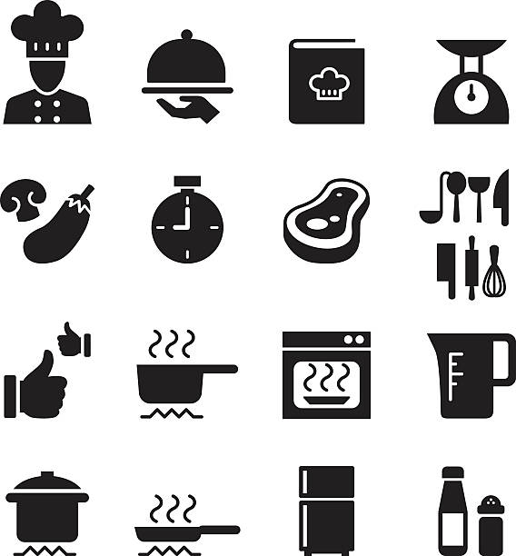 illustrations, cliparts, dessins animés et icônes de silhouette de cuisine, le restaurant icon set - pan