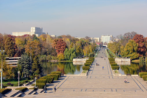 Bucharest, Romania – November 9, 2015: View from the top of Carol Park(Romanian: Parcul Carol), a public park in the center of Bucharest, built in 1906 and named after the first Romanian King, King Carol I of Romania.