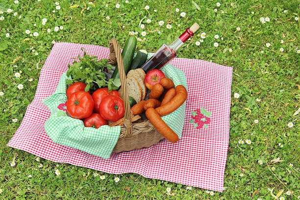 istock picnic basket on green lawn 497127209