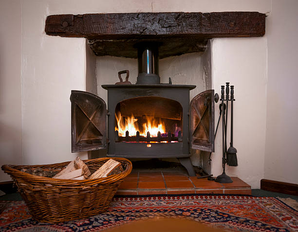 Bright orange flames dance around burning firewood inside a closed cast iron wood stove. The firelight creates a warm, inviting glow against the dark metal frame, evoking a sense of comfort and coziness. The composition captures the essence of warmth and traditional heating.