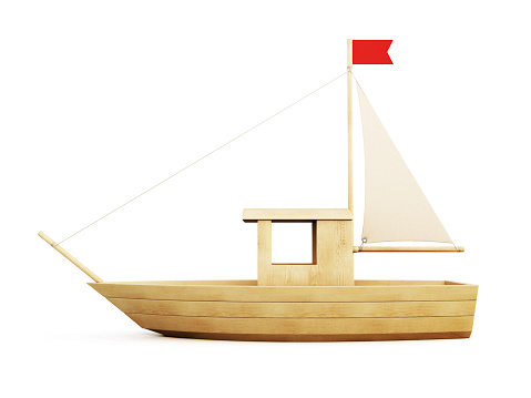 Wooden Sailboat side view isolated on white background. 3d illustration.