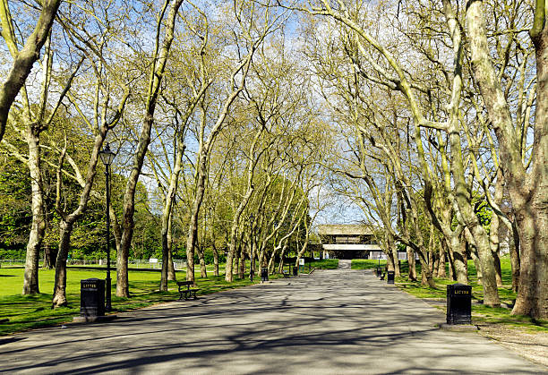 Crystal Palace Park, south east London, in springtime. The rear entrance to the sports stadium  is at the end of the avenue.