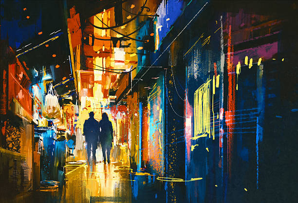 illustrations, cliparts, dessins animés et icônes de couple marchant dans la ruelle avec des lumières colorées - street city night alley