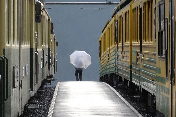 On the platform of the station, an umbrella between the trains