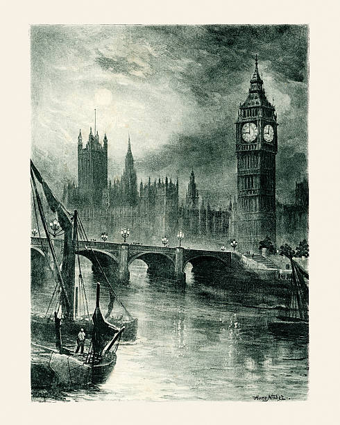 Houses of Parliament Victorian view of the Houses of Parliament (Palace of Westminster), London. 1890 city of westminster london stock illustrations