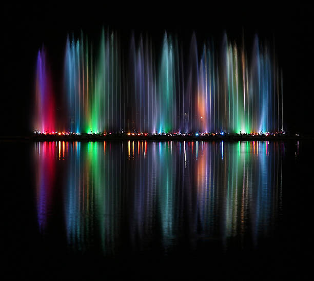 istock Dancing colorful fountain with reflection on water at night. 497130898