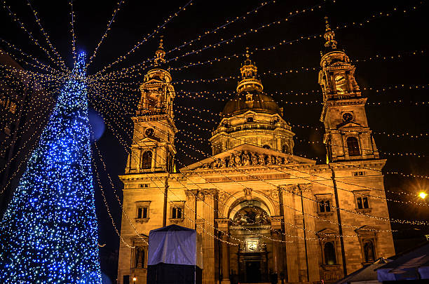 The iconic St. Stephens Basilica at Night with a Christmas Tree.