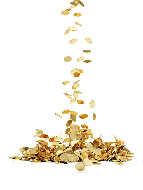 Falling Golden Coins Falling Golden Coins Isolated on white background currency symbol photos stock pictures, royalty-free photos & images