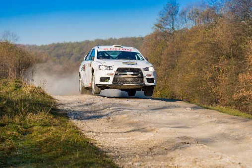 Lviv, Ukraine - November 1, 2015: Alexey Dolot's  Mitsubishi Lancer Evo X  competes at the annual Rally Galicia