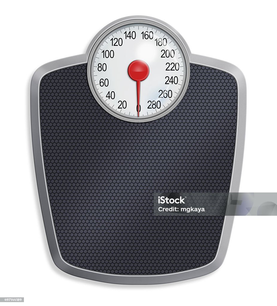 Analog Weight Scale Mechanical / analog, large dial bathroom scale with textured mat. Clean image and isolated on white background. Digitally generated image. Weight Scale Stock Photo