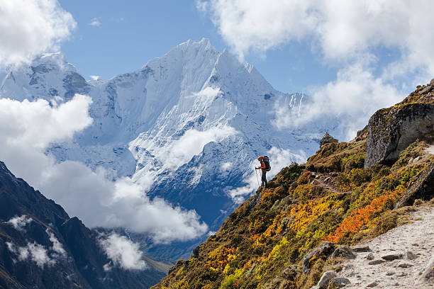 istock Hiker walks on train in Himalayas 497144264