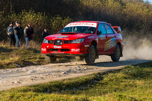 Lviv, Ukraine - November 1, 2015: Oleg Sobolew's Subaru Impreza WRX STI  competes at the annual Rally Galicia