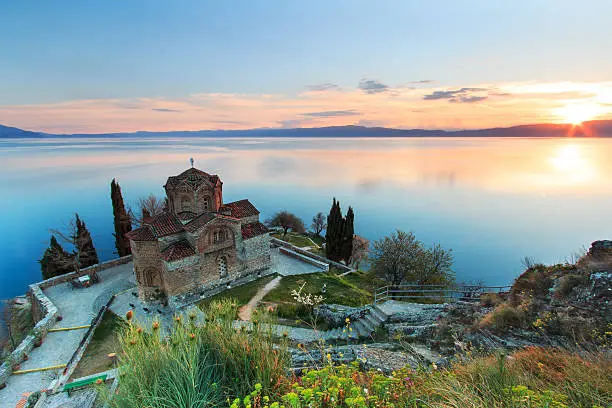 Sveti (Saint) Jovan Kaneo Church on Lake Ohrid, Macedonia at sunset