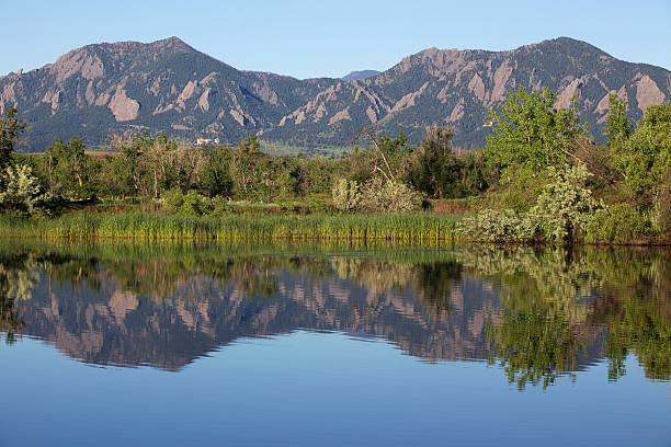 istock Sunrise Over Boulder Colorado Flatirons Reflecting in Pond 497144627