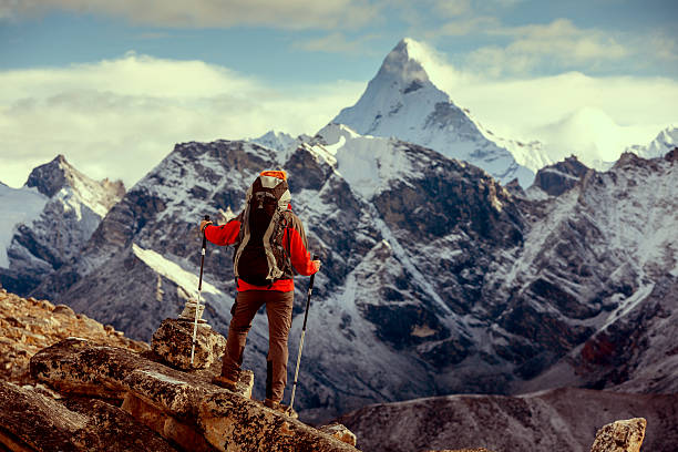 istock Hiker posing at camera on the trek in Himalayas, Nepal 497145572