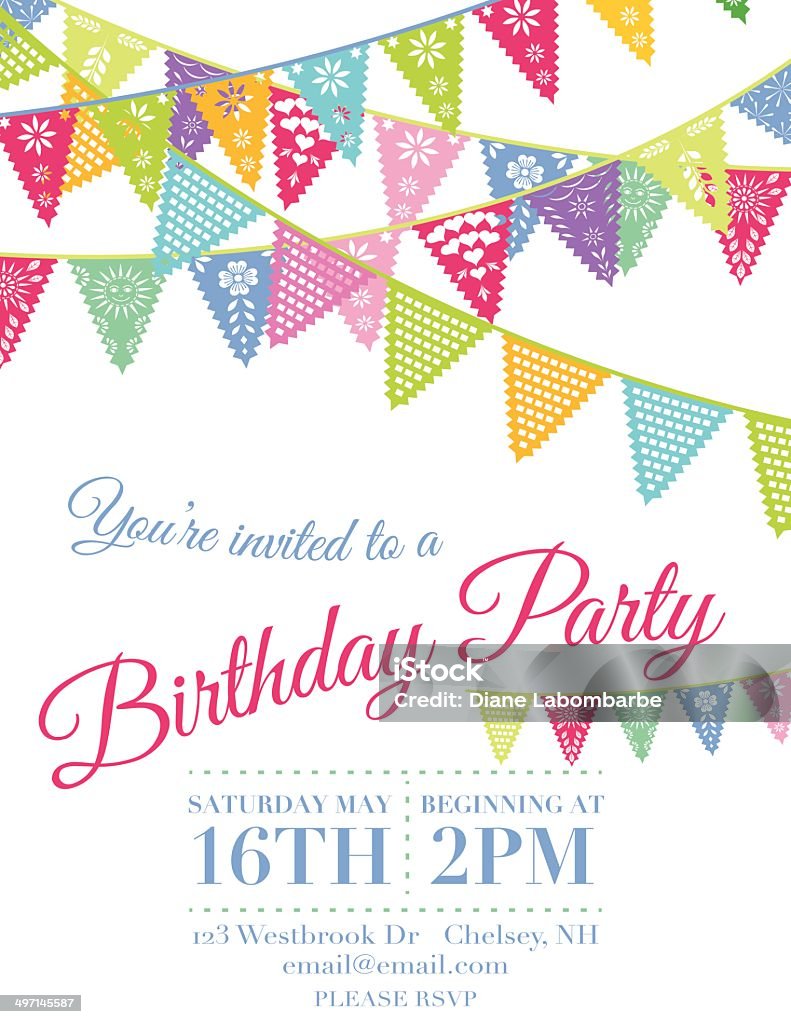 Vector Papel Picado Flags Birthday invitation template Template of a birthday party invitation.  The invitation is set against a white background.  The top of the invitation features four rows of Papel Picado flag banners that cross one another. Below the banners is the text with a smaller set of flags.   Birthday stock vector