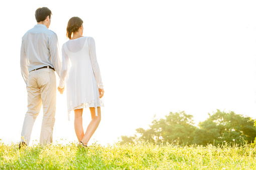 Rear view of young couple holding hands in park against clear sky