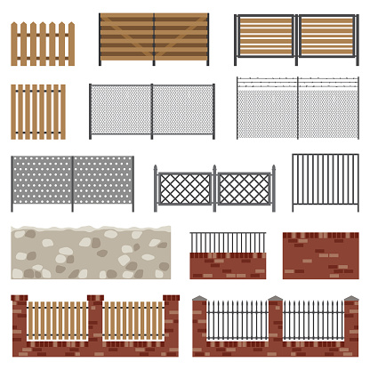 Fences of different structures and materials in flat style. Simple vector icons.