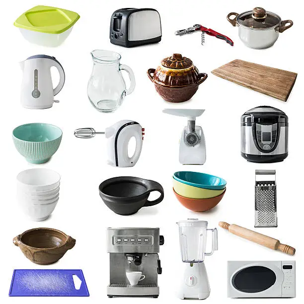 Photo of different kinds of kitchen appliances and ware collage