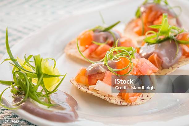 Salmon Ceviche Stock Photo - Download Image Now - Salmon - Seafood, Seviche, Tostada