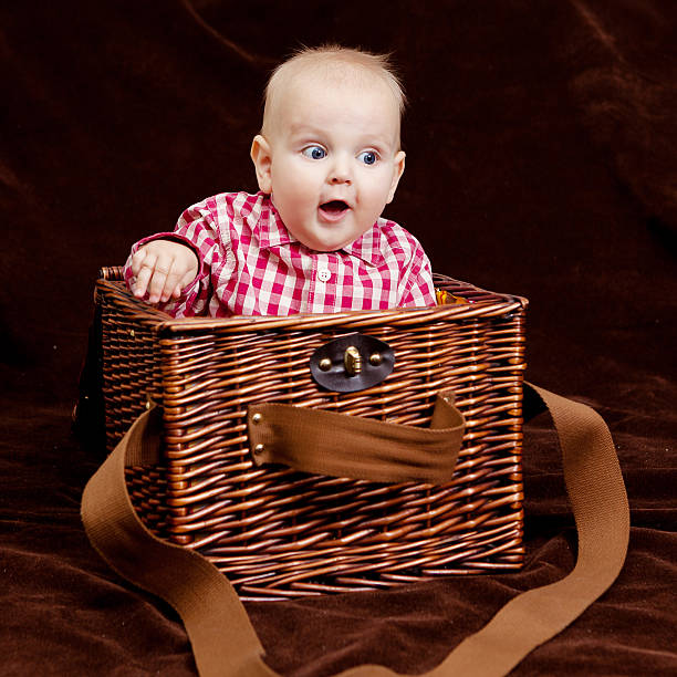 istock Cute baby boy sitting in a wooden basket 497152014