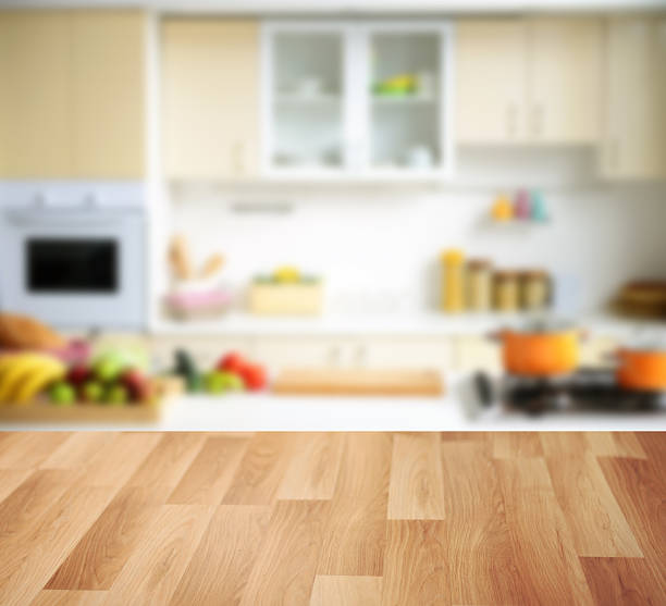 wooden background and Defocused kitchen background