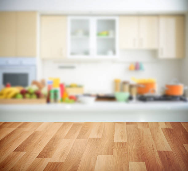 istock wooden background and Defocused kitchen background 497152938