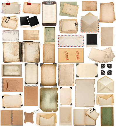Used paper sheets, books, pages and old cardboard isolated on white background. Vintage photo frames. Antique clipboard and photo corner