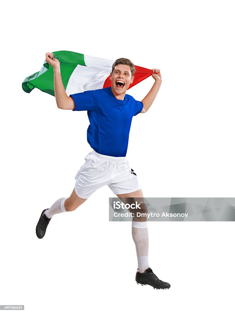 Joueur de football italien courses avec drapeau après la victoire - Photo de Activité libre de droits