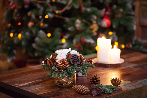 istock Fir branches decorated for the new year on dark wooden 497154768