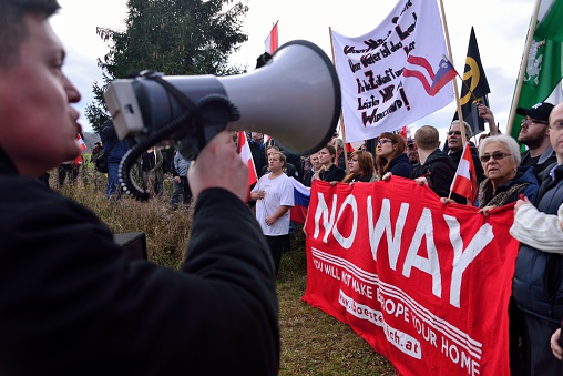 Spielfeld, Austria - November 15, 2015: Demonstration against the further entry of refugees on the Austrian Slovenian border at 