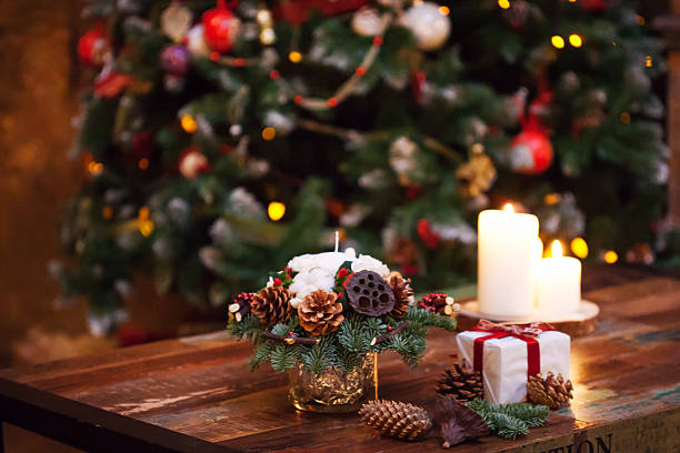 istock Fir branches decorated for the new year on dark wooden 497154786