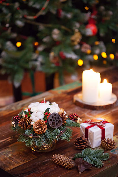 istock Fir branches decorated for the new year on dark wooden 497154800