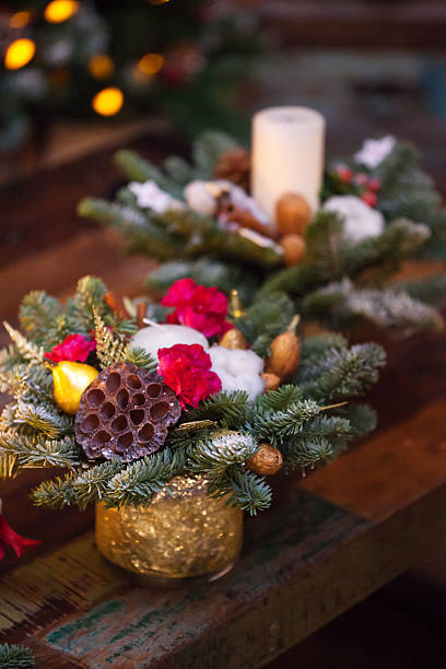 istock Fir branches decorated for the new year on dark wooden 497154814