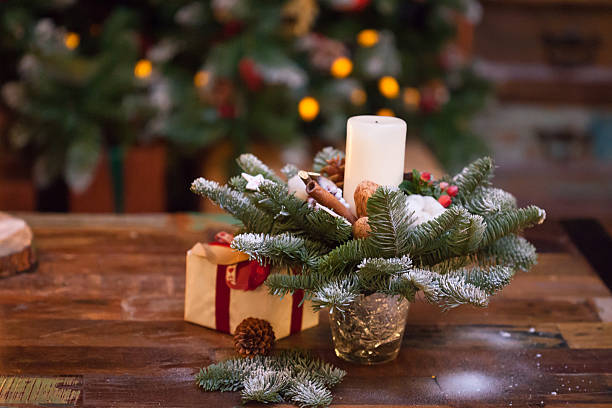 istock Fir branches decorated for the new year on dark wooden 497154816