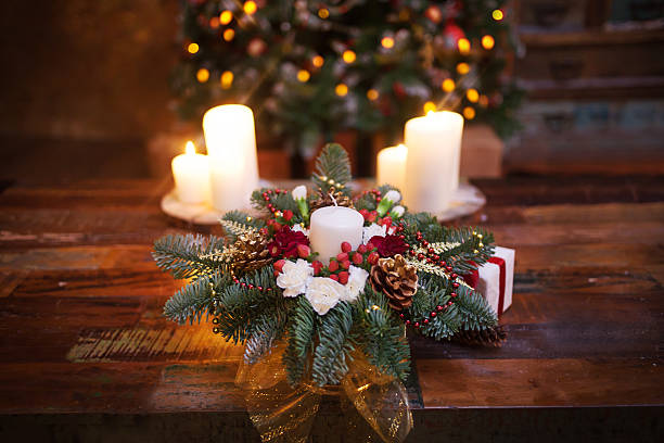 istock Fir branches decorated for the new year on dark wooden 497154834