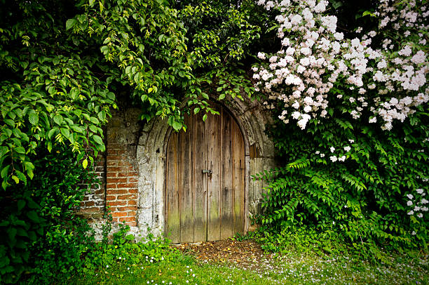 little porta em um cemitério parede - lock door horror gate imagens e fotografias de stock