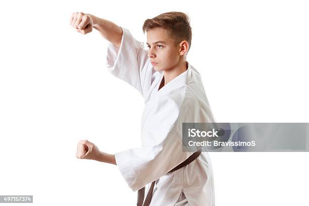 Martial Art Sport Karate Boy In White Kimono Training Stock Photo - Download Image Now
