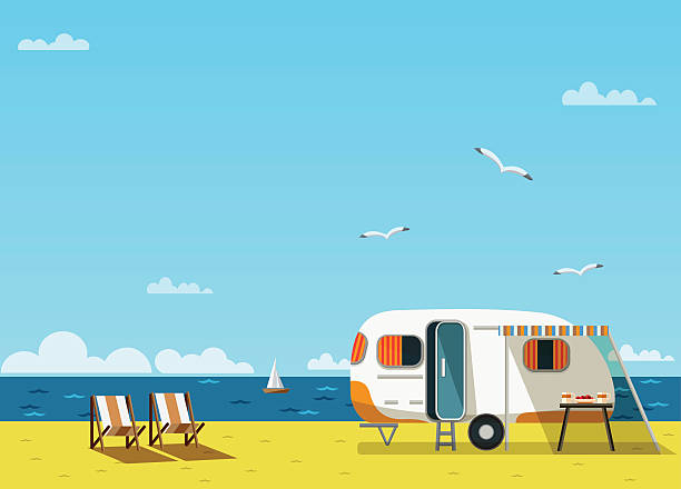 summer vacation Retro caravan on the beach, summer vacation, vector illustration,retro background trailer park holiday stock illustrations