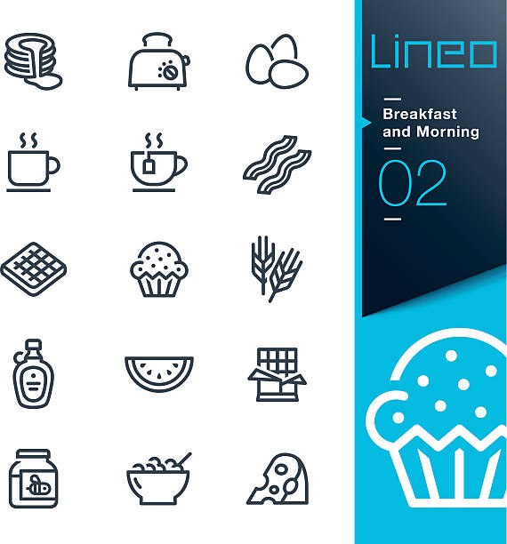 lineo-frühstück und morgen kontur icons - muffin stock-grafiken, -clipart, -cartoons und -symbole