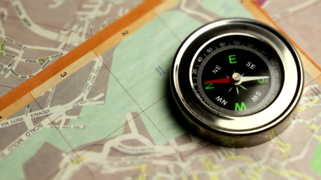 The compass indicates the right path on map of city in italy
