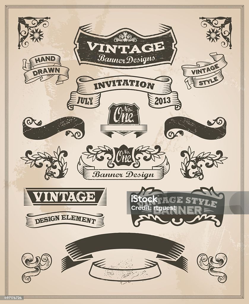 Retro vintage banner and ribbon set Retro vintage banner and ribbon set. Vector illustration design elements with textured background. Banner - Sign stock vector