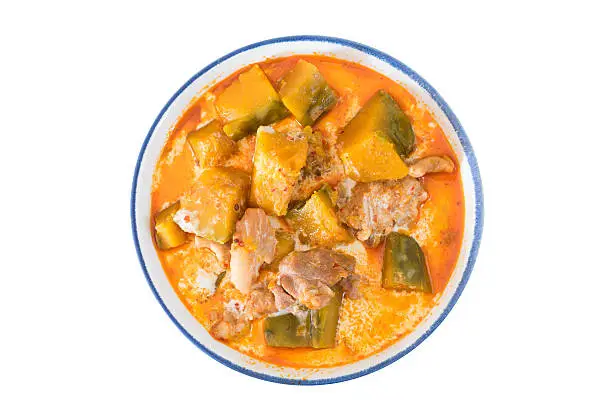 Photo of pork curry with coconut milk and pumpkin