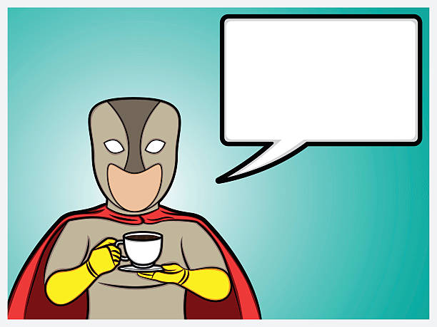 Superhero talking and holding a coffee cup vector art illustration