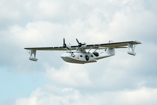Kallinge, Sweden - June 01, 2014: Swedish Air Force air show 2014 at F 17 Wing. Consolidated PBY Catalina, TP-47. In the air flying.